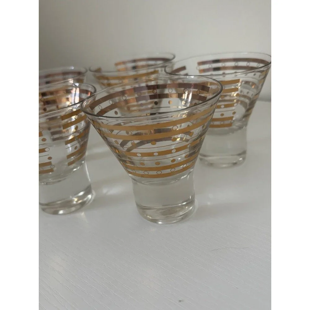 5 Vintage MCM Art Deco Dessert Cocktail Martini Glasses Flared Gold Rim 1960s